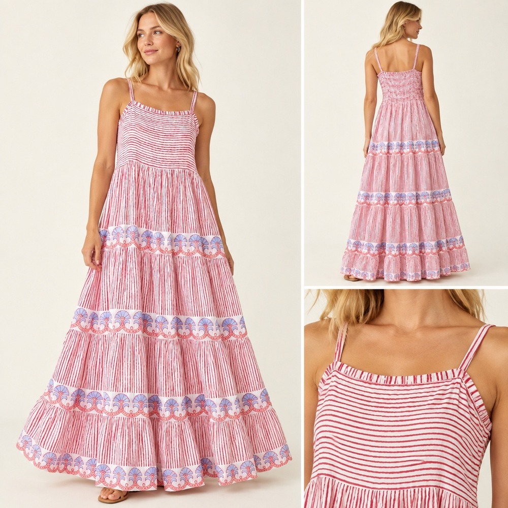 Oliphant Holland Red Smocked Back Maxi Dress L 100% Cotton Tiered Stripe Floral